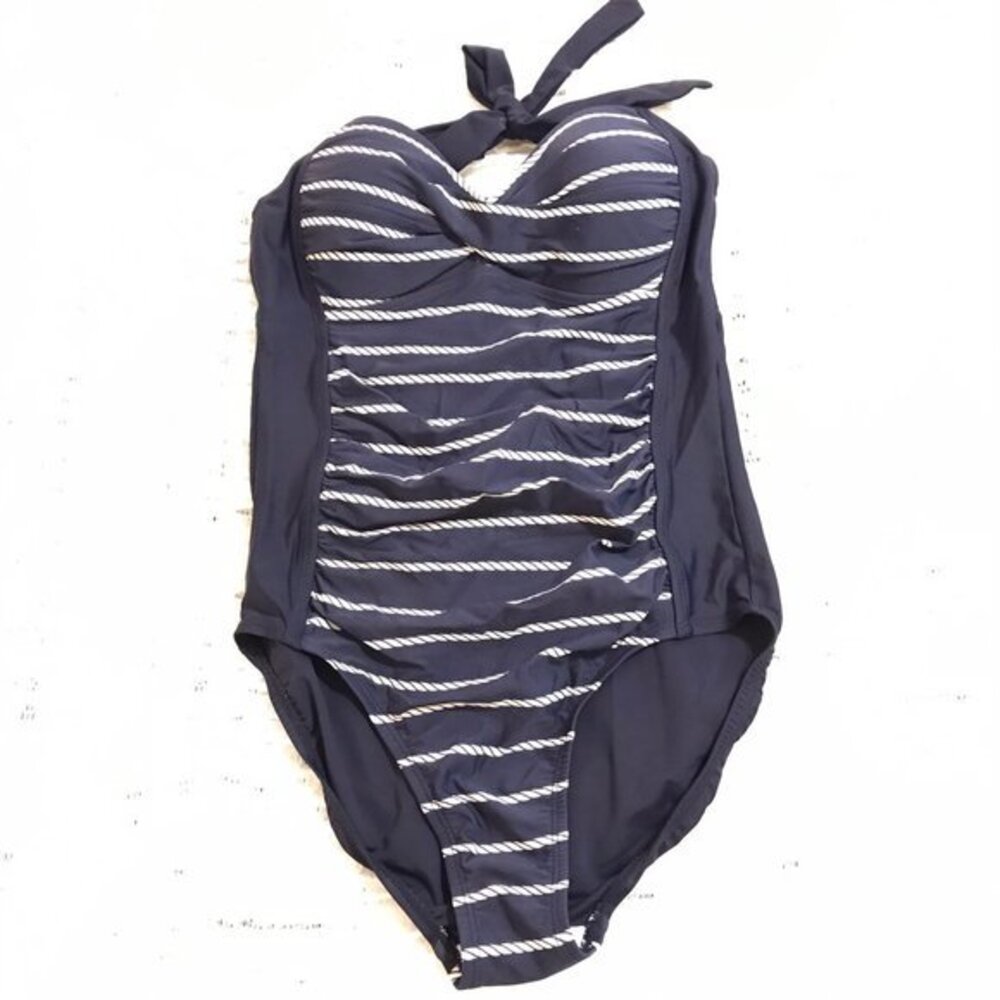 MERONA one piece swimsuit navy blue nautical stripe rope halter beach small